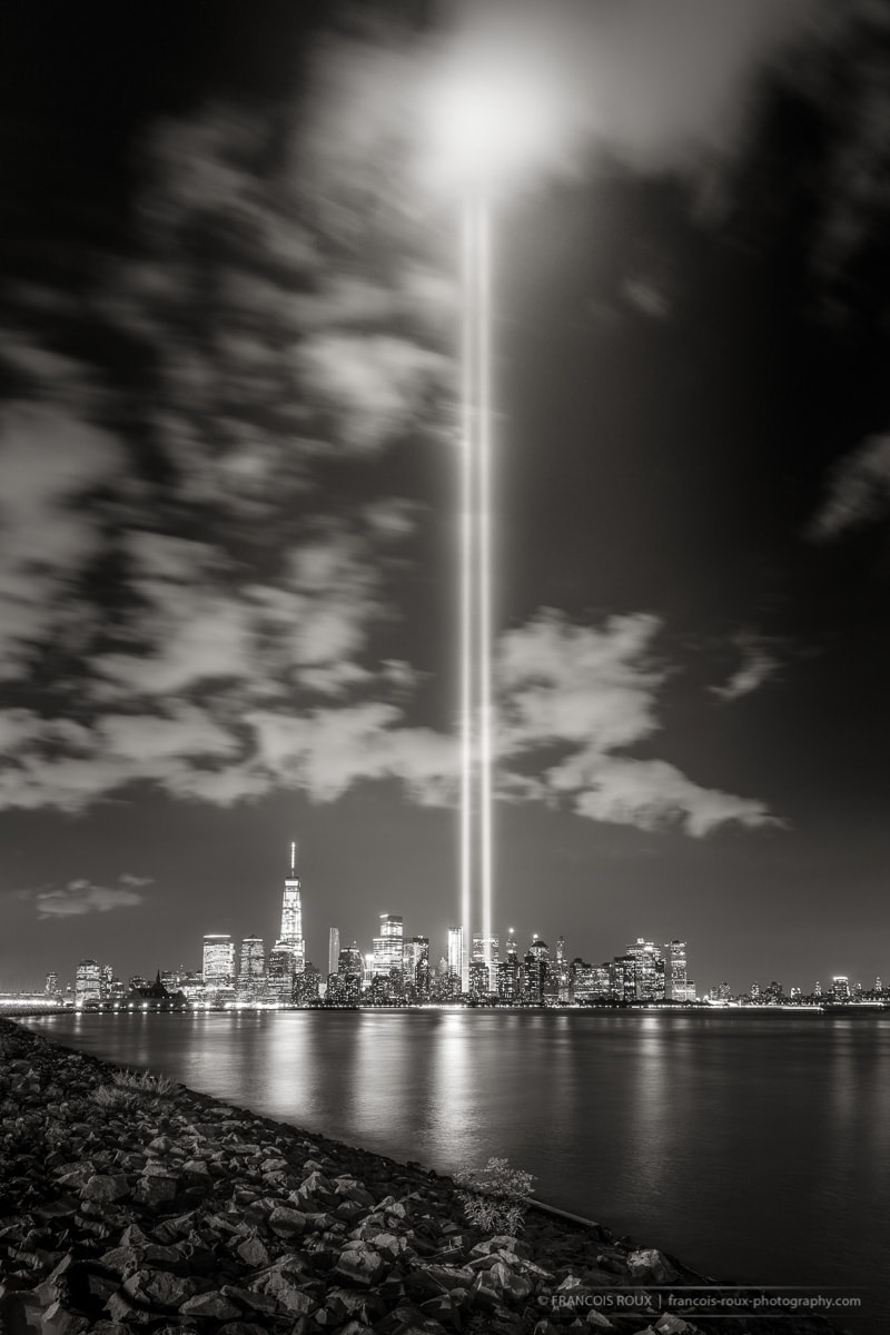 Black & White photo of Lower Manhattan's Tribute in Light event. New York City - Francois Roux photography